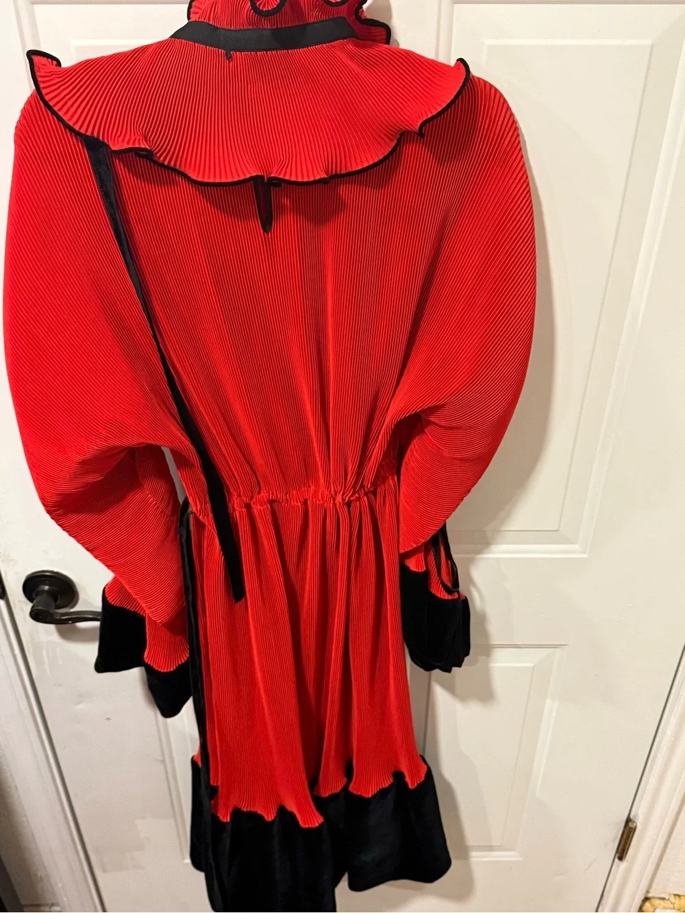 Tory Burch Red and Black Long Sleeve Pleated Ruffle Midi Dress